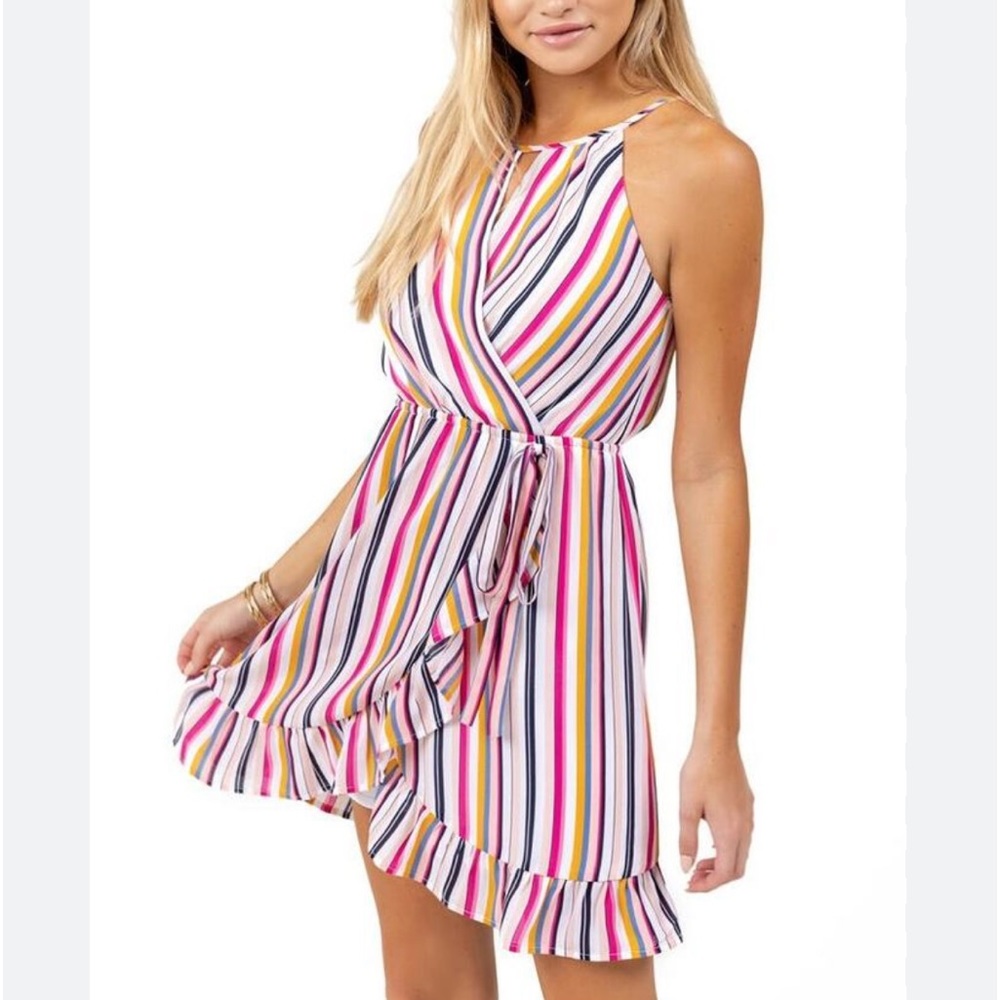 Ballie Stripe High Neck Ruffle Dress